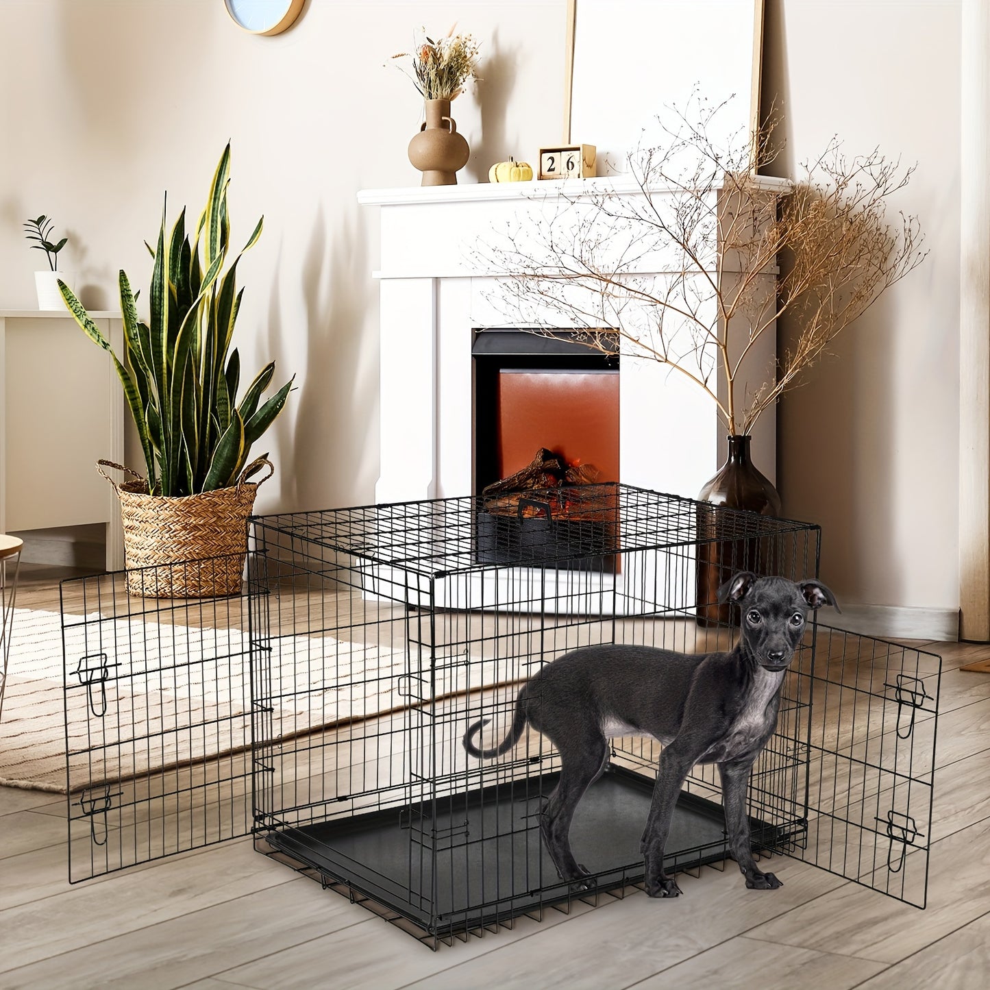 Medium Dog Crate with Double Doors, Foldable Pet Cage with Divider Panel & Removable Tray for Small to Medium Dogs - Secure & Spacious Indoor/Outdoor Crate