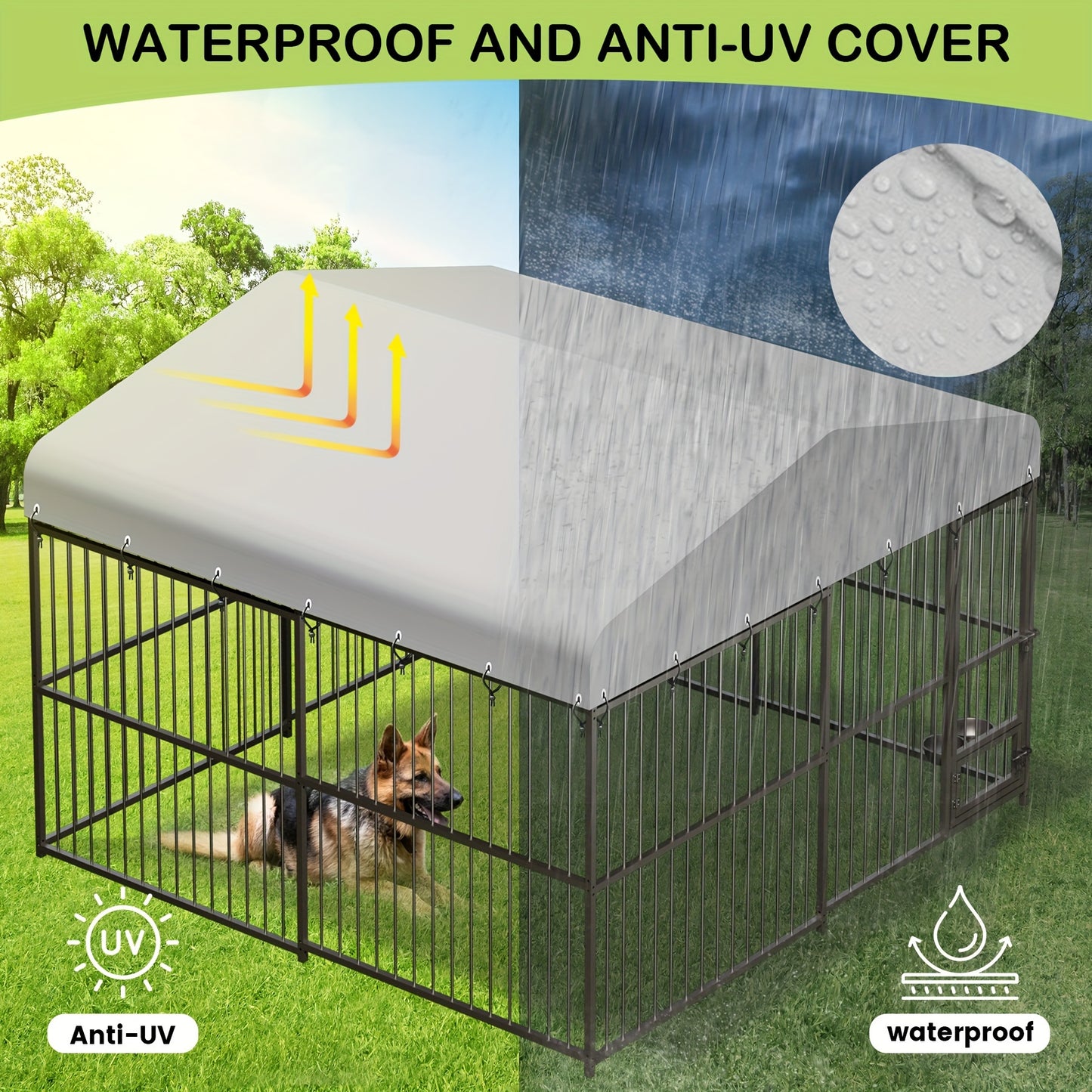 1pc Heavy Duty Metal Dog Kennel 10x10x6FT with Waterproof UV Cover, Safety Locks, and Feeding Bowl - Uncharged Outdoor Pet Cage for Garden and Backyard Use