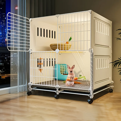 [1pc Deluxe Pet Cage Villa] 1pc Deluxe Iron Alloy Small Animal Cage Villa, Stainless Steel Pet Habitat with Wheels, Ventilated & Splash-Proof Outdoor Enclosure for Rabbits, Hamsters, Guinea Pigs
