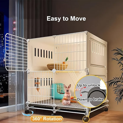 [1pc Deluxe Pet Cage Villa] 1pc Deluxe Iron Alloy Small Animal Cage Villa, Stainless Steel Pet Habitat with Wheels, Ventilated & Splash-Proof Outdoor Enclosure for Rabbits, Hamsters, Guinea Pigs