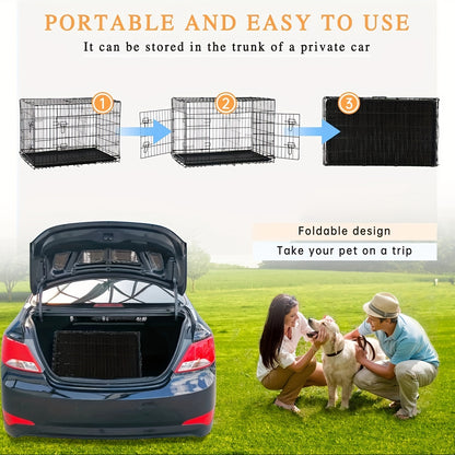 42/48 inch Double Door Folding Metal Dog Crate Dog Cage with Dividers And Leak-Proof Tray Metal Crate for Puppy to Medium to Large Dogs, with Removable Tray Wire Dog Kennel Portable Indoor Outdoor Pet Cage