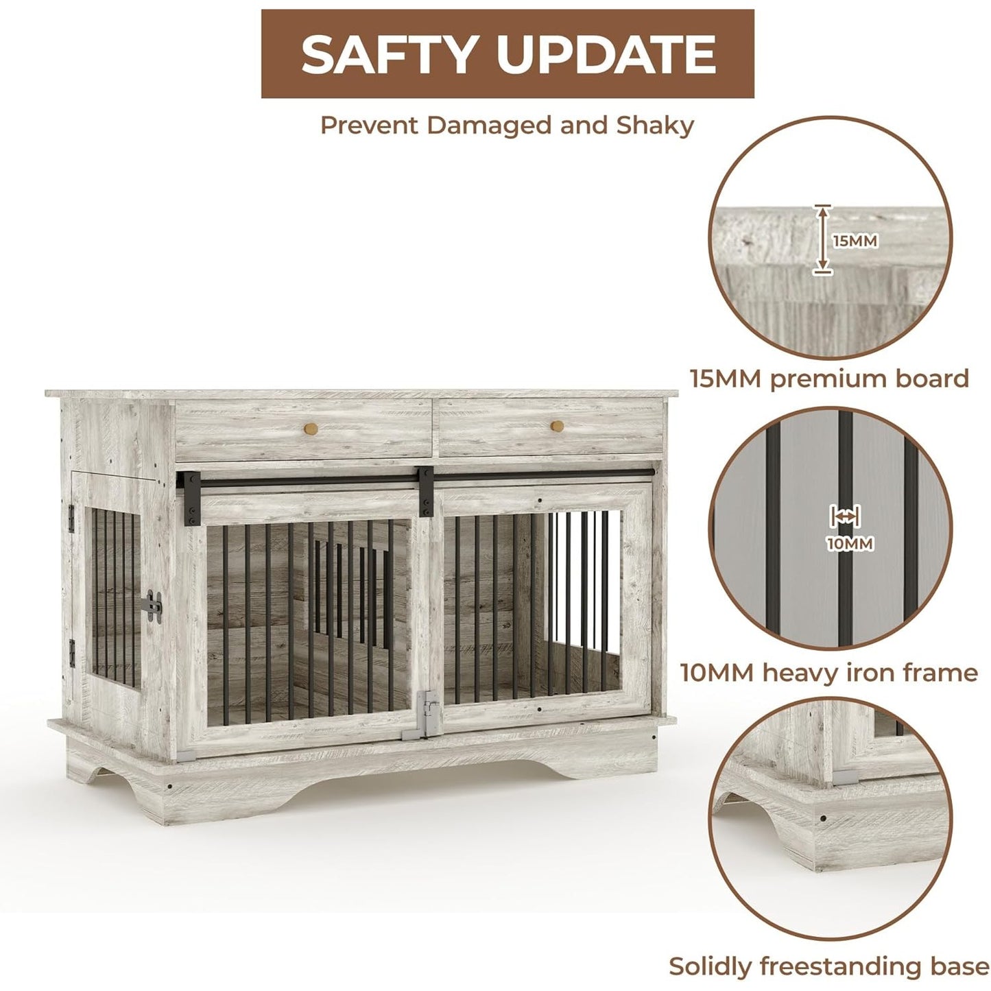 47'' Heavy-Duty Wooden Dog Crate Furniture Kennel with Barn Door & Triple Door Design, 2 Storage Drawers, Removable Divider - Multi-Functional Pet Cage End Table for Large Dogs, Medium Dogs, Small Breeds (Pomeranian, Chihuahu