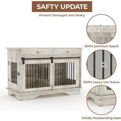 47'' Heavy-Duty Wooden Dog Crate Furniture Kennel with Barn Door & Triple Door Design, 2 Storage Drawers, Removable Divider - Multi-Functional Pet Cage End Table for Large Dogs, Medium Dogs, Small Breeds (Pomeranian, Chihuahu