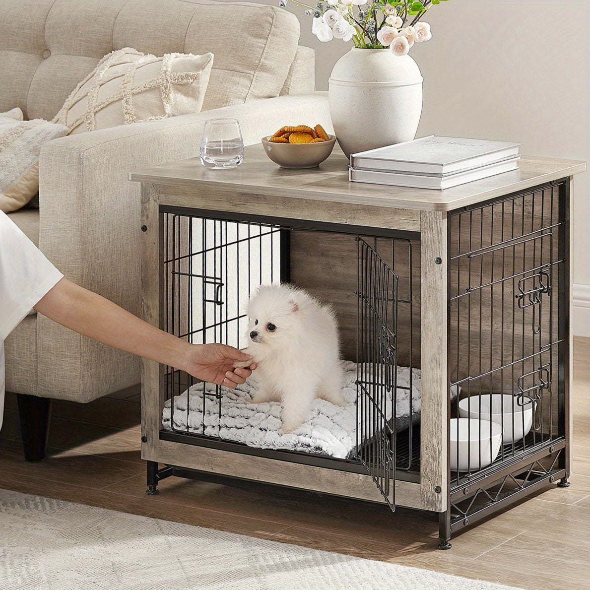 [Modern Dog Crate Furniture] Modern Heavy-Duty Dog Crate Furniture - 27.2" Side End Table for Dogs Up to 30 lbs, Double-Door Kennel with Removable Tray, Multi-Purpose Pet Cage & House