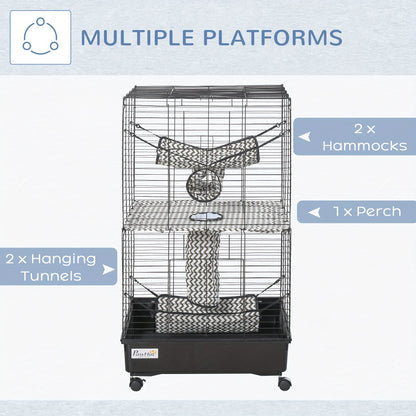 PawHut 42" Ferret Cage, Small Animal Habitat Metal Pet Cage with Wheels Brakes, Hammocks, Hanging Tunnels, and 3 Doors, Black