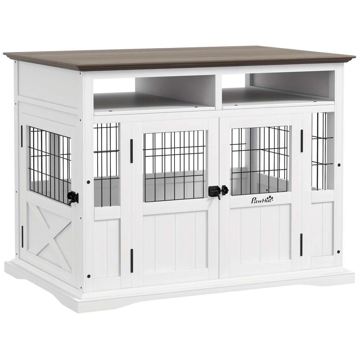 [PAWHUT Wooden Dog Crate] White Wooden PAWHUT Dog Crate Furniture - Decorative Dog Kennel for Medium Dogs - Indoor Pet Cage with Storage Shelves
