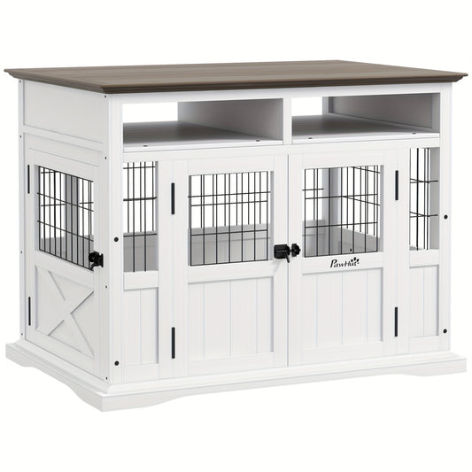 [PAWHUT Wooden Dog Crate] White Wooden PAWHUT Dog Crate Furniture - Decorative Dog Kennel for Medium Dogs - Indoor Pet Cage with Storage Shelves