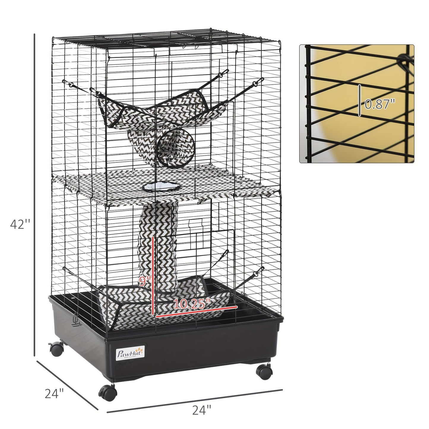 PawHut 42" Ferret Cage, Small Animal Habitat Metal Pet Cage with Wheels Brakes, Hammocks, Hanging Tunnels, and 3 Doors, Black