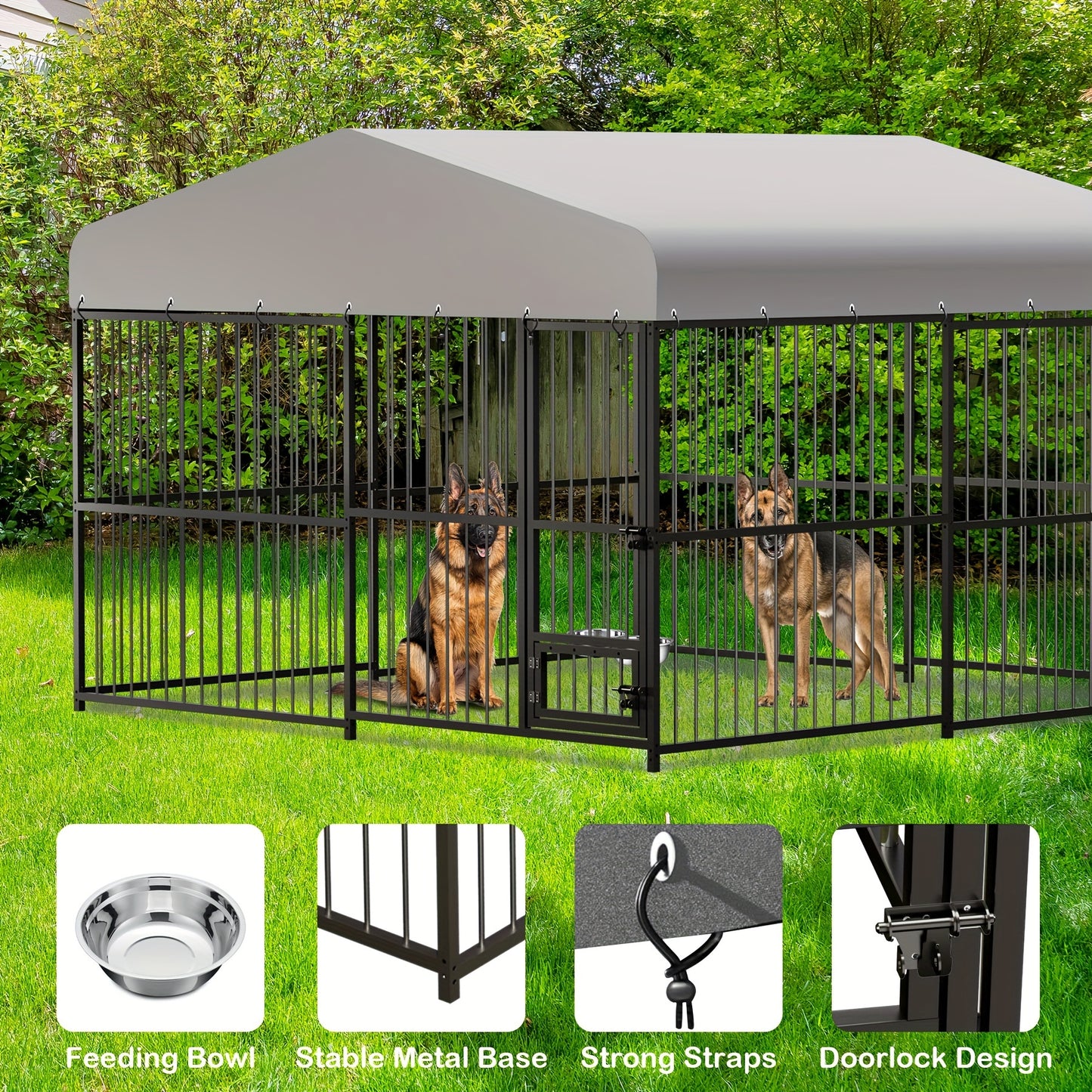 1pc Heavy Duty Metal Dog Kennel 10x10x6FT with Waterproof UV Cover, Safety Locks, and Feeding Bowl - Uncharged Outdoor Pet Cage for Garden and Backyard Use