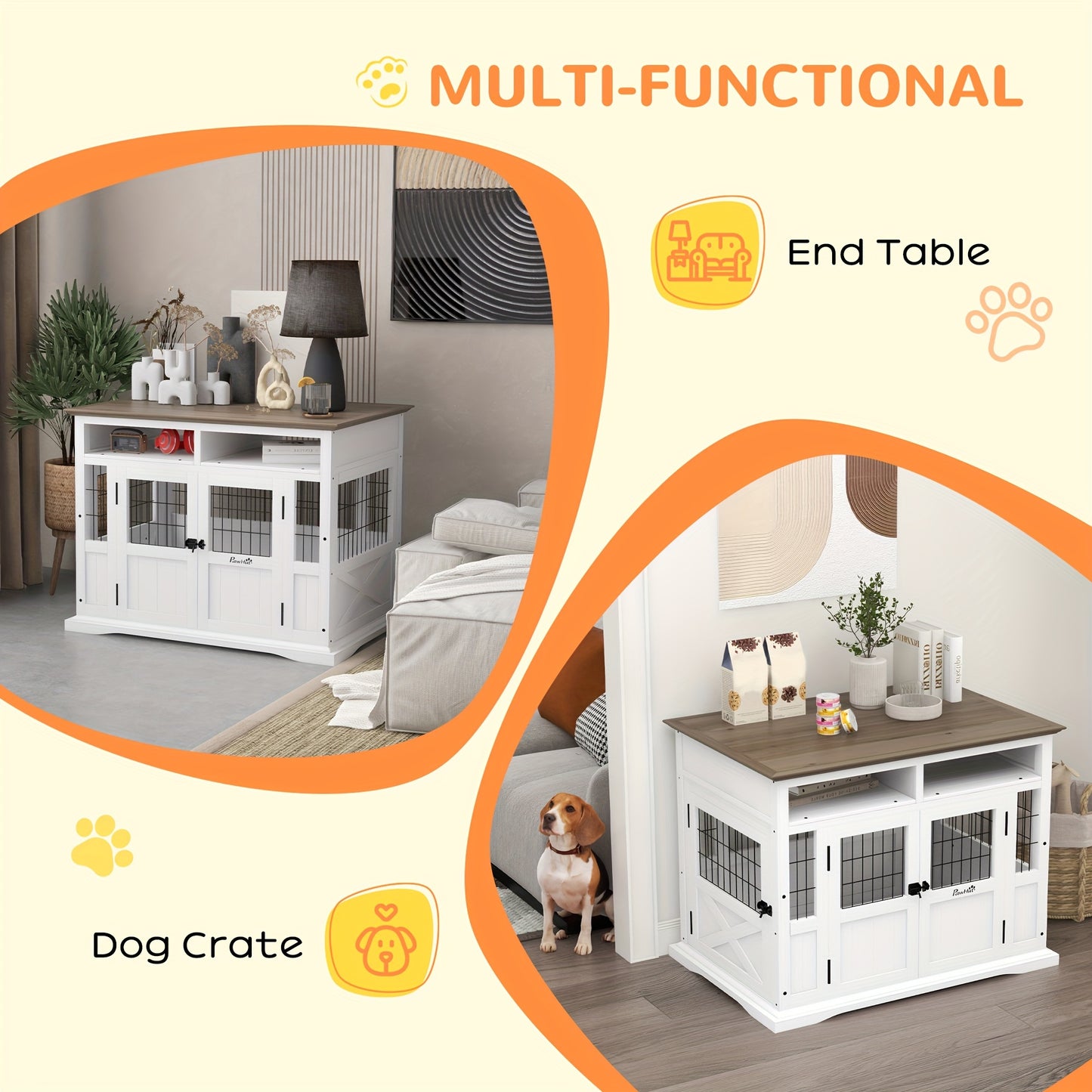 [PAWHUT Wooden Dog Crate] White Wooden PAWHUT Dog Crate Furniture - Decorative Dog Kennel for Medium Dogs - Indoor Pet Cage with Storage Shelves