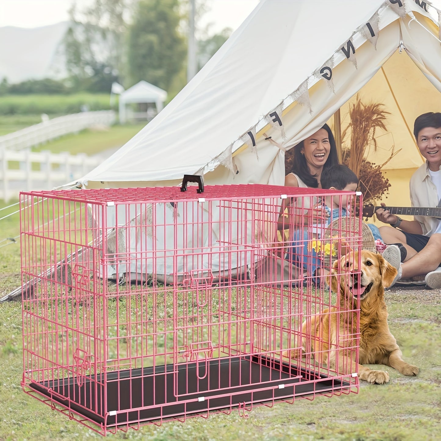 42/48 inch Double Door Folding Metal Dog Crate Dog Cage with Dividers And Leak-Proof Tray Metal Crate for Puppy to Medium to Large Dogs, with Removable Tray Wire Dog Kennel Portable Indoor Outdoor Pet Cage