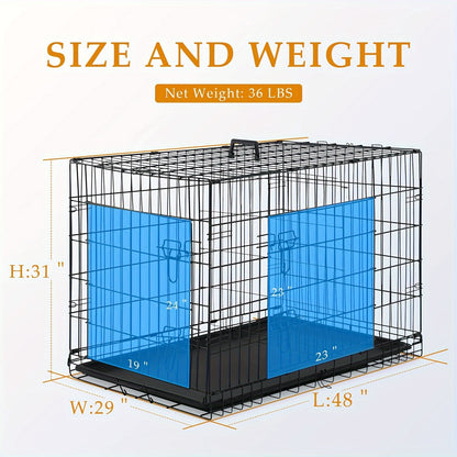 42/48 inch Double Door Folding Metal Dog Crate Dog Cage with Dividers And Leak-Proof Tray Metal Crate for Puppy to Medium to Large Dogs, with Removable Tray Wire Dog Kennel Portable Indoor Outdoor Pet Cage
