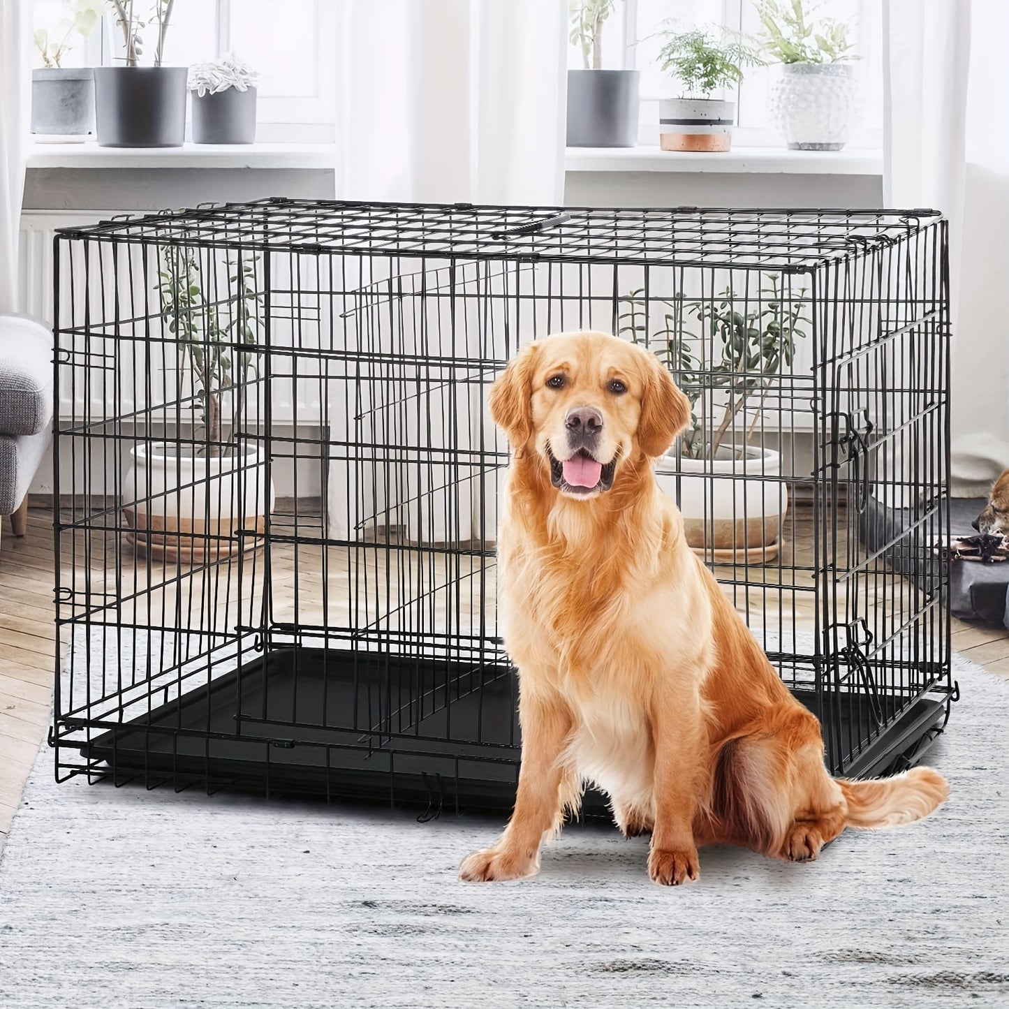 42/48 inch Double Door Folding Metal Dog Crate Dog Cage with Dividers And Leak-Proof Tray Metal Crate for Puppy to Medium to Large Dogs, with Removable Tray Wire Dog Kennel Portable Indoor Outdoor Pet Cage