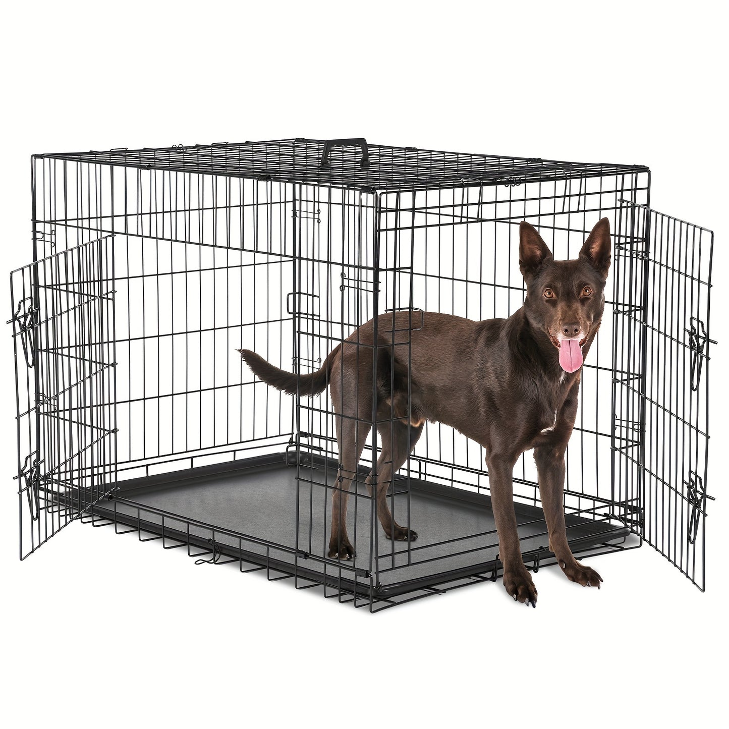Double-Door Dog Crate: Foldable Black Metal Pet Cage with Divider Panel, Removable Tray and Portable Indoor-Outdoor Handle