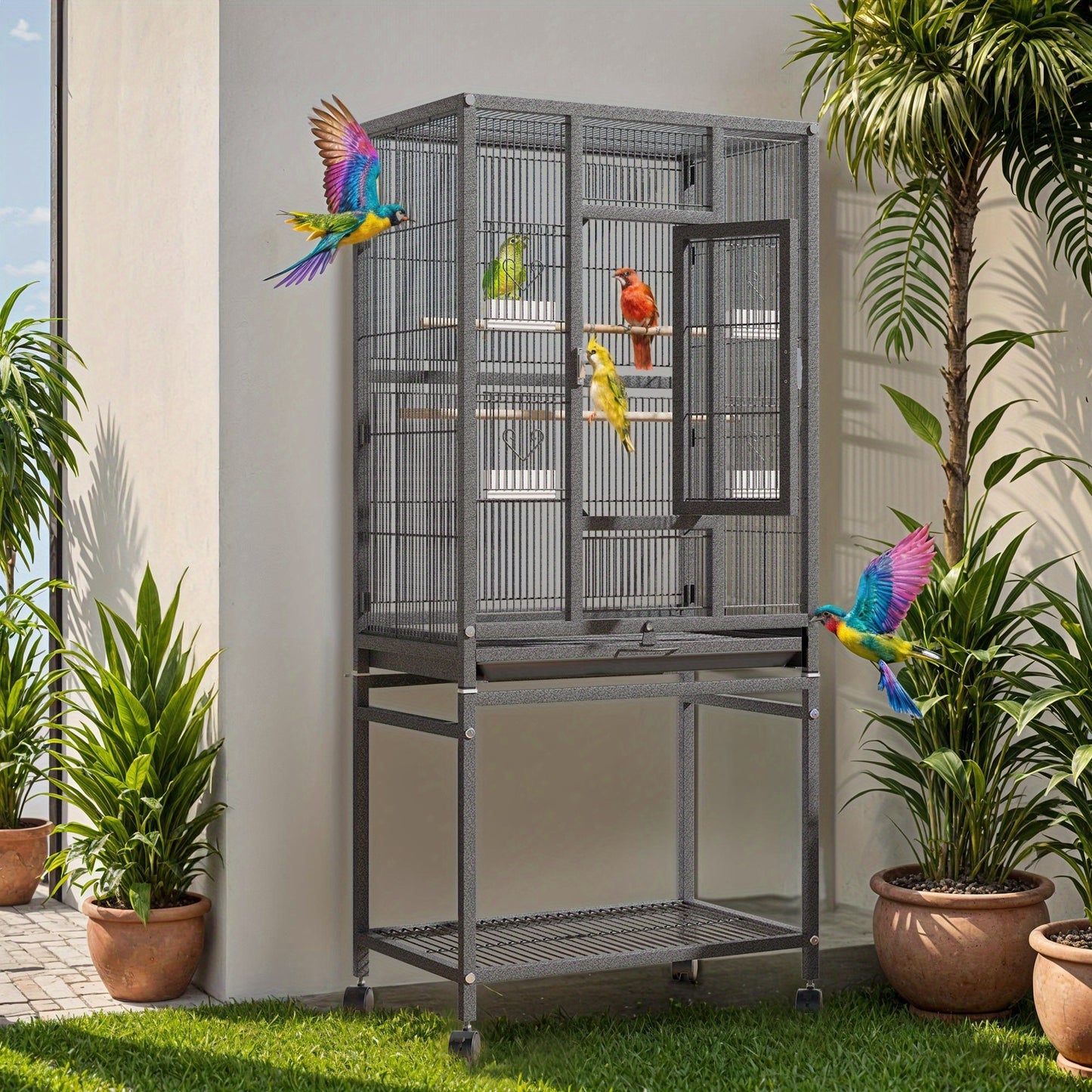 1pc YINTATECH Metal Large Bird Cage for Parrot, Cockatiel, Parakeet, Pigeon - 53" Durable Metal Pet Cage with 4 Feeders, 2 Perches, 2 Safe Door Locks - Suitable for Small and Medium Birds - No Electricity Needed