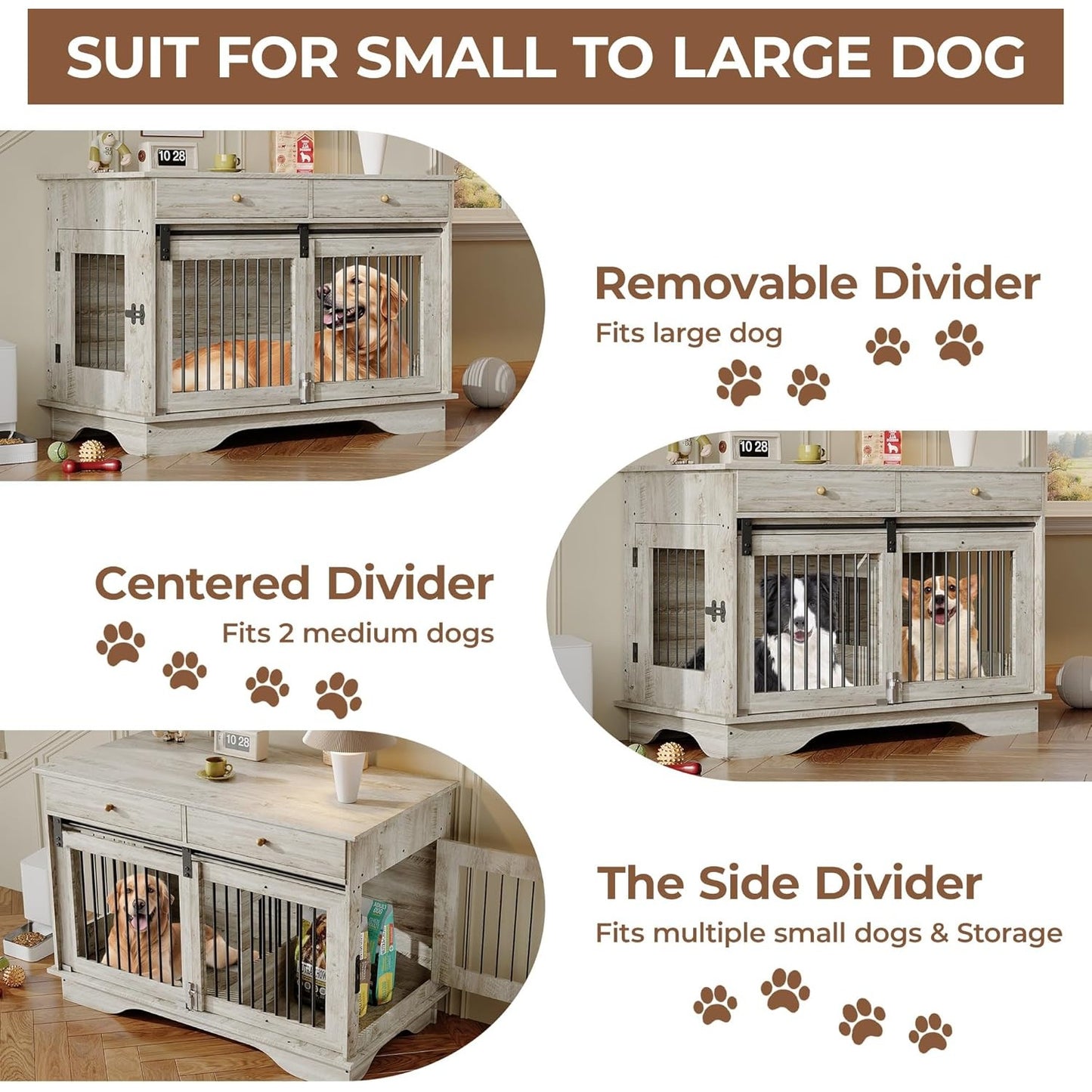 47'' Heavy-Duty Wooden Dog Crate Furniture Kennel with Barn Door & Triple Door Design, 2 Storage Drawers, Removable Divider - Multi-Functional Pet Cage End Table for Large Dogs, Medium Dogs, Small Breeds (Pomeranian, Chihuahu