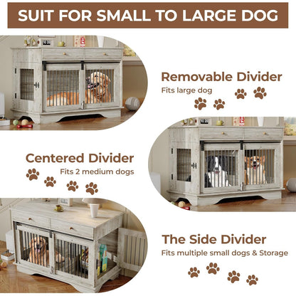47'' Heavy-Duty Wooden Dog Crate Furniture Kennel with Barn Door & Triple Door Design, 2 Storage Drawers, Removable Divider - Multi-Functional Pet Cage End Table for Large Dogs, Medium Dogs, Small Breeds (Pomeranian, Chihuahu