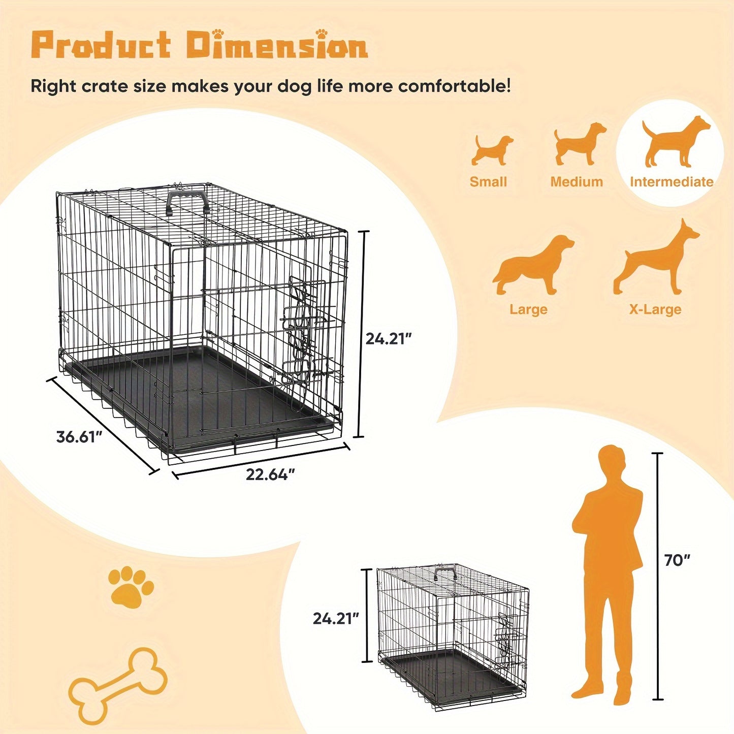 Medium Dog Crate with Double Doors, Foldable Pet Cage with Divider Panel & Removable Tray for Small to Medium Dogs - Secure & Spacious Indoor/Outdoor Crate