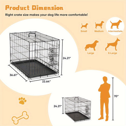 Medium Dog Crate with Double Doors, Foldable Pet Cage with Divider Panel & Removable Tray for Small to Medium Dogs - Secure & Spacious Indoor/Outdoor Crate