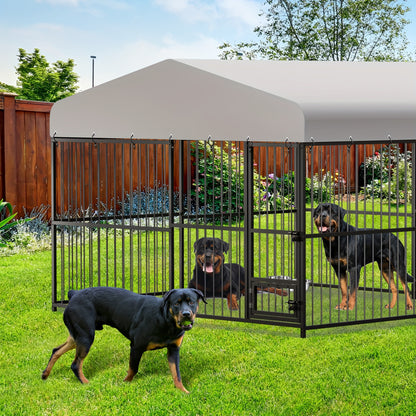 1pc Heavy Duty Metal Dog Kennel 10x10x6FT with Waterproof UV Cover, Safety Locks, and Feeding Bowl - Uncharged Outdoor Pet Cage for Garden and Backyard Use
