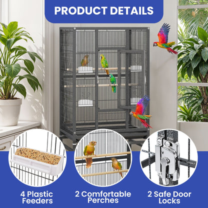 1pc YINTATECH Metal Large Bird Cage for Parrot, Cockatiel, Parakeet, Pigeon - 53" Durable Metal Pet Cage with 4 Feeders, 2 Perches, 2 Safe Door Locks - Suitable for Small and Medium Birds - No Electricity Needed