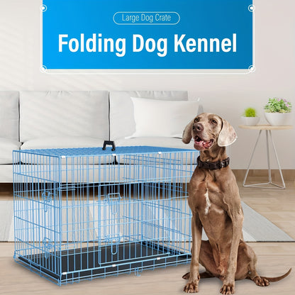 42/48 inch Double Door Folding Metal Dog Crate Dog Cage with Dividers And Leak-Proof Tray Metal Crate for Puppy to Medium to Large Dogs, with Removable Tray Wire Dog Kennel Portable Indoor Outdoor Pet Cage