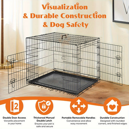 Double-Door Dog Crate: Foldable Black Metal Pet Cage with Divider Panel, Removable Tray and Portable Indoor-Outdoor Handle