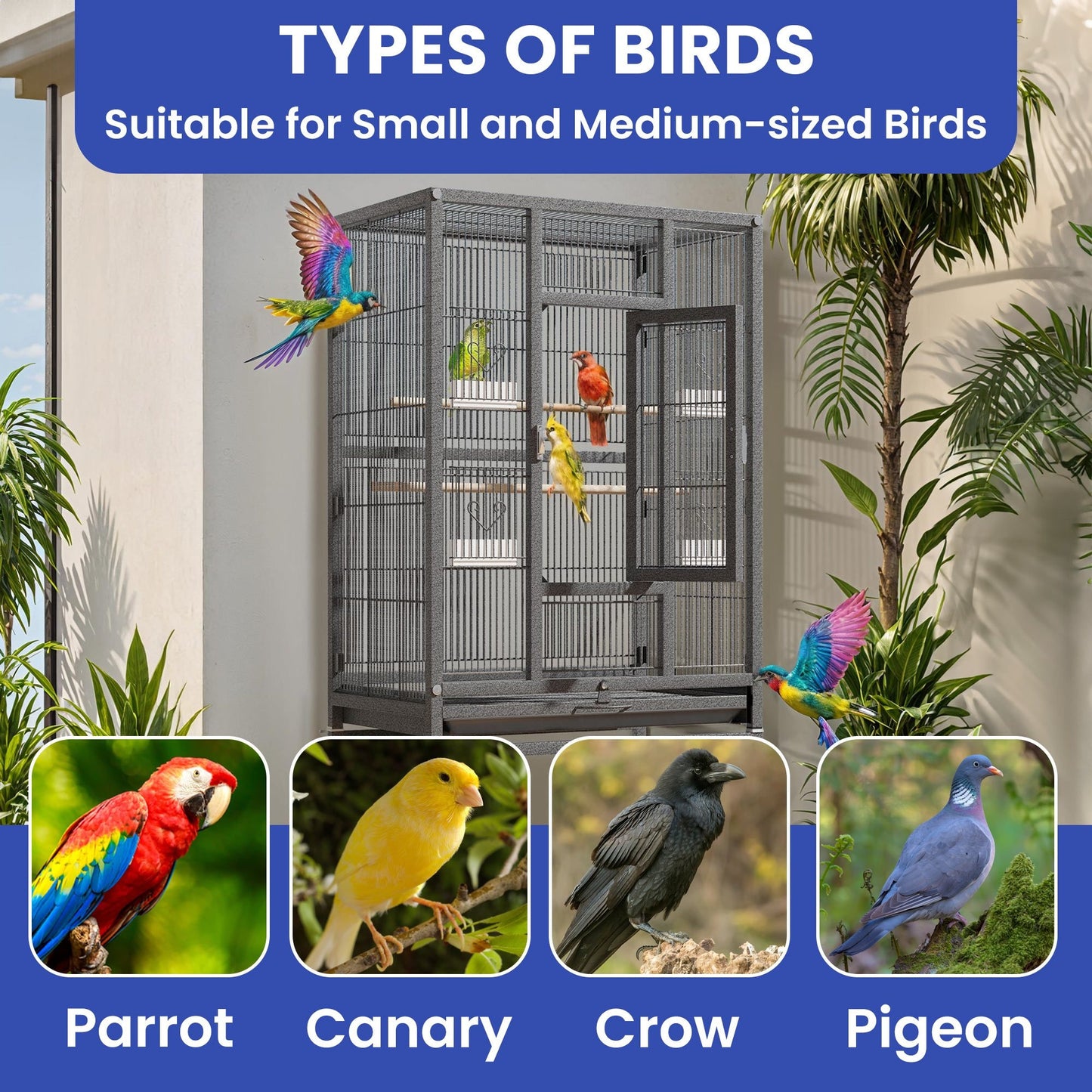 1pc YINTATECH Metal Large Bird Cage for Parrot, Cockatiel, Parakeet, Pigeon - 53" Durable Metal Pet Cage with 4 Feeders, 2 Perches, 2 Safe Door Locks - Suitable for Small and Medium Birds - No Electricity Needed