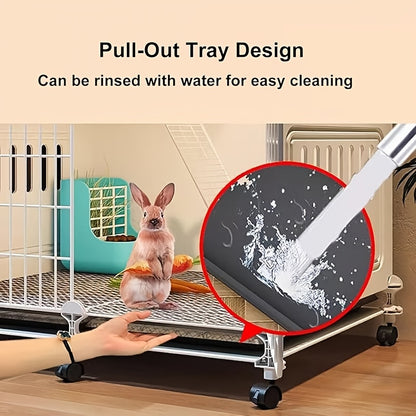 [1pc Deluxe Pet Cage Villa] 1pc Deluxe Iron Alloy Small Animal Cage Villa, Stainless Steel Pet Habitat with Wheels, Ventilated & Splash-Proof Outdoor Enclosure for Rabbits, Hamsters, Guinea Pigs