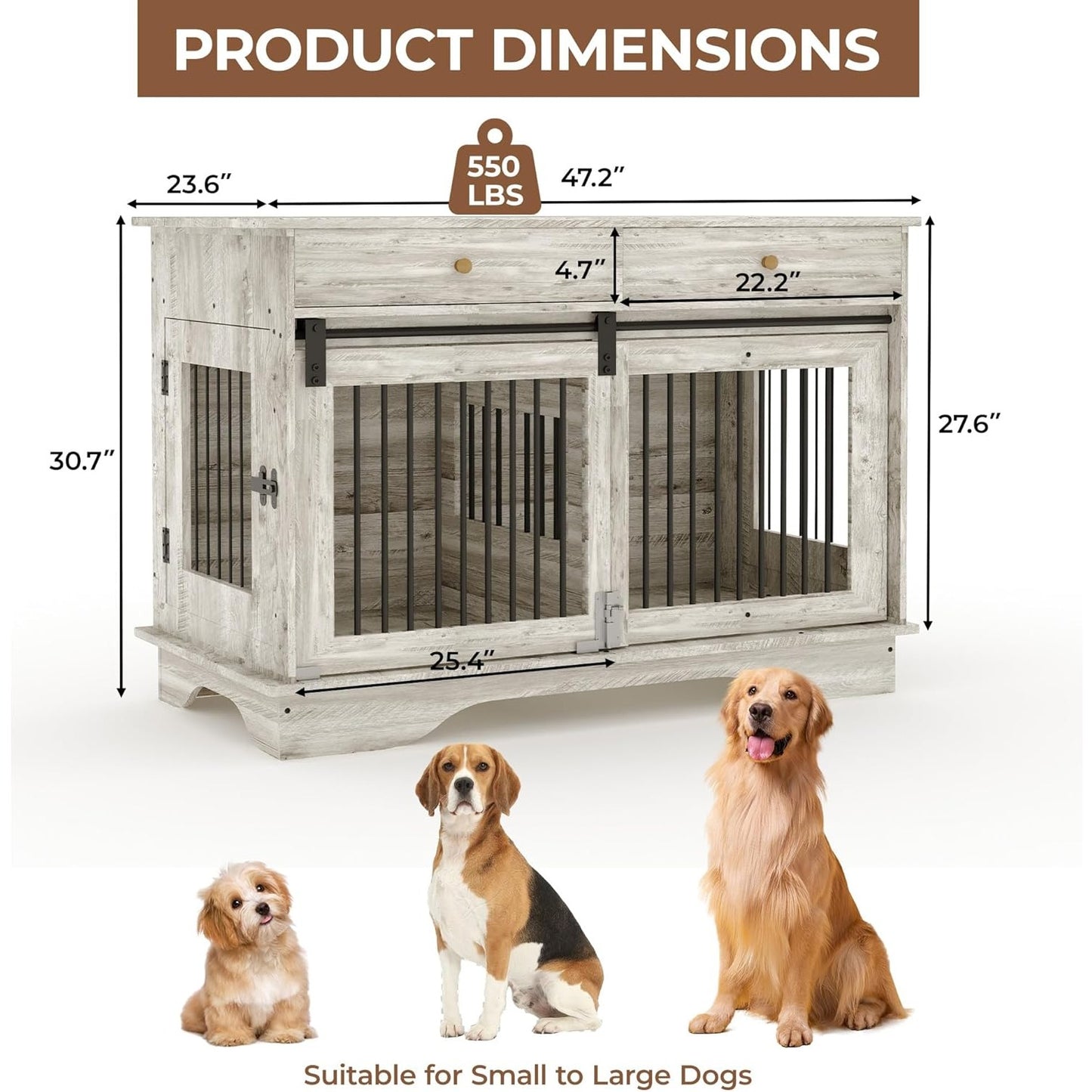 47'' Heavy-Duty Wooden Dog Crate Furniture Kennel with Barn Door & Triple Door Design, 2 Storage Drawers, Removable Divider - Multi-Functional Pet Cage End Table for Large Dogs, Medium Dogs, Small Breeds (Pomeranian, Chihuahu