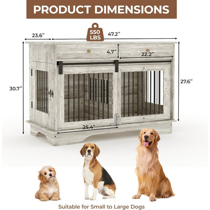 47'' Heavy-Duty Wooden Dog Crate Furniture Kennel with Barn Door & Triple Door Design, 2 Storage Drawers, Removable Divider - Multi-Functional Pet Cage End Table for Large Dogs, Medium Dogs, Small Breeds (Pomeranian, Chihuahu