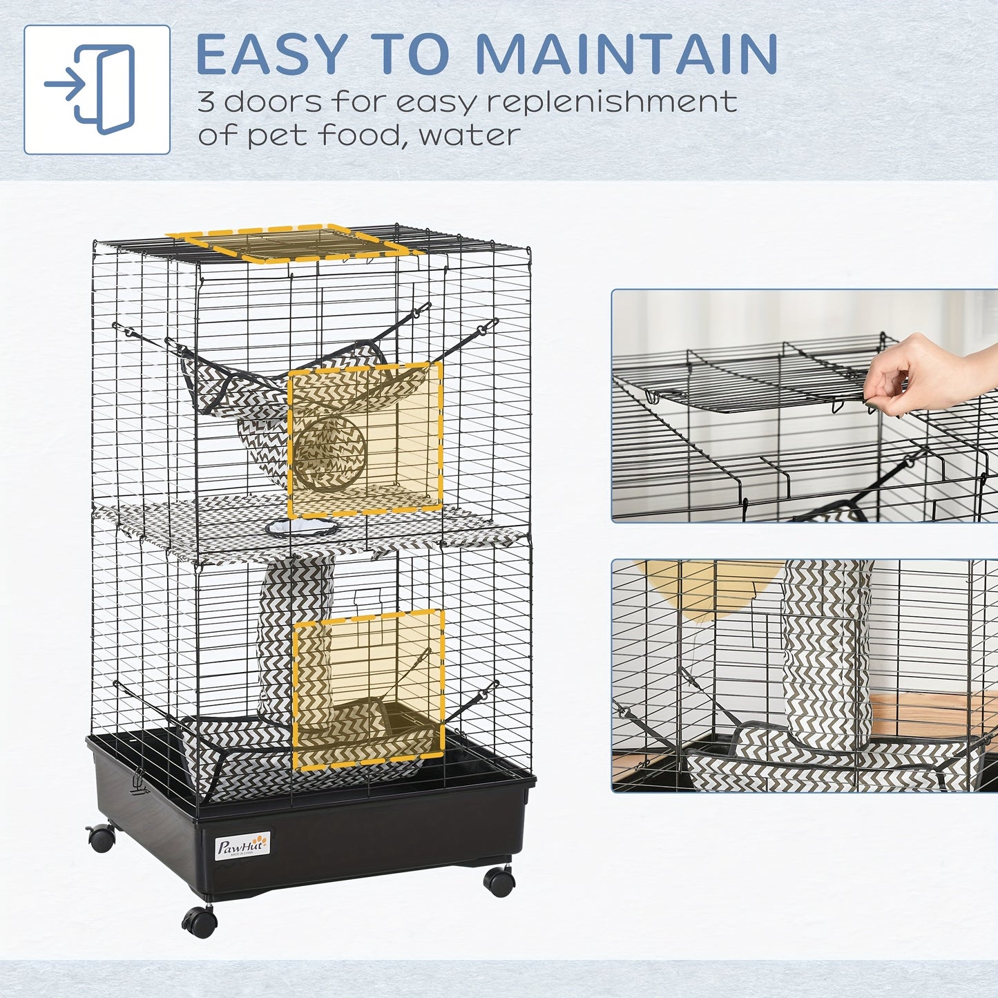 PawHut 42" Ferret Cage, Small Animal Habitat Metal Pet Cage with Wheels Brakes, Hammocks, Hanging Tunnels, and 3 Doors, Black
