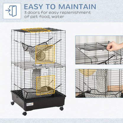 PawHut 42" Ferret Cage, Small Animal Habitat Metal Pet Cage with Wheels Brakes, Hammocks, Hanging Tunnels, and 3 Doors, Black