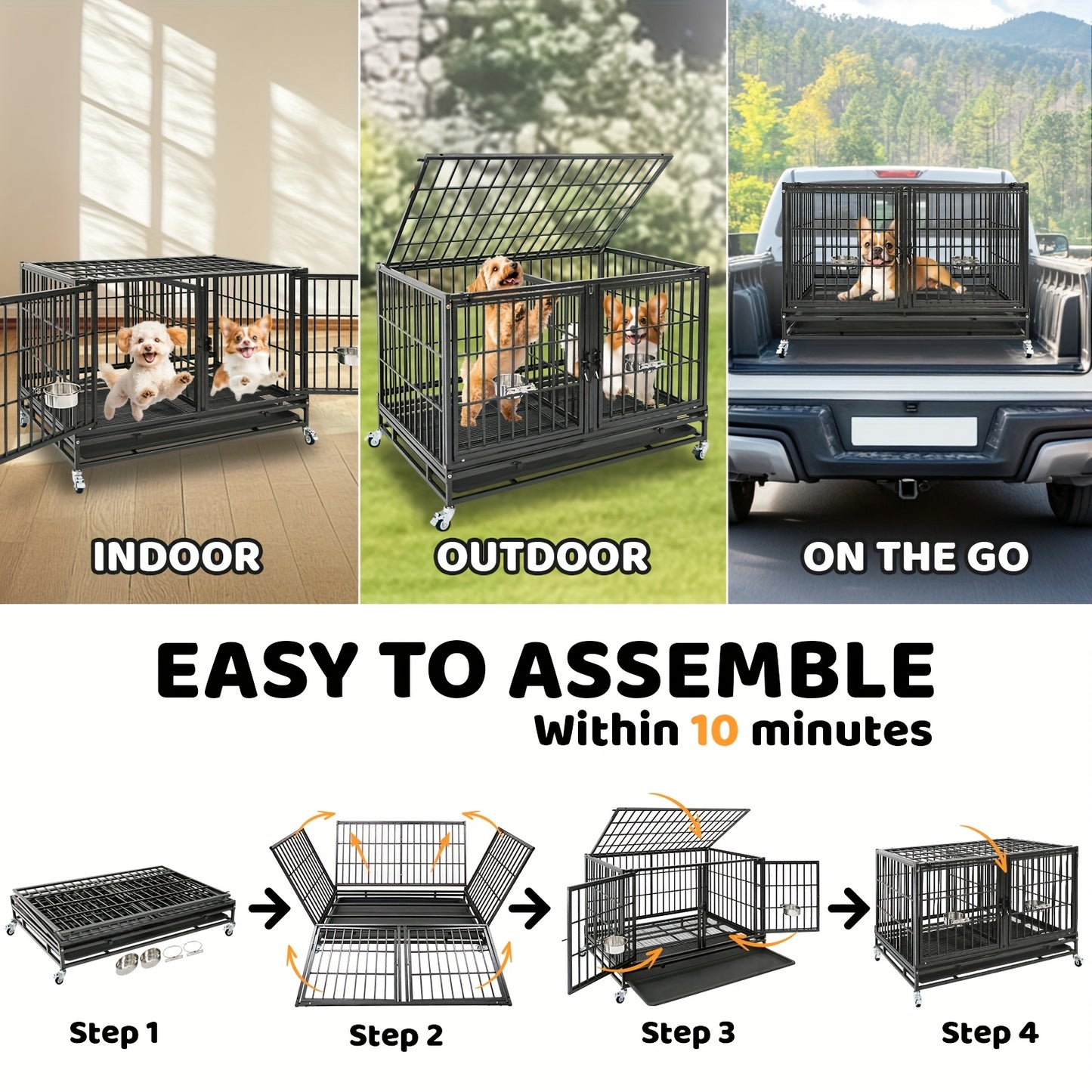 [Escape Proof Dog Crate] Heavy Duty Escape Proof 42 Inch Dog Crate Cage | Stackable Basic Kennel for Small to Medium Dogs with Divider - Indoor Pet Cage