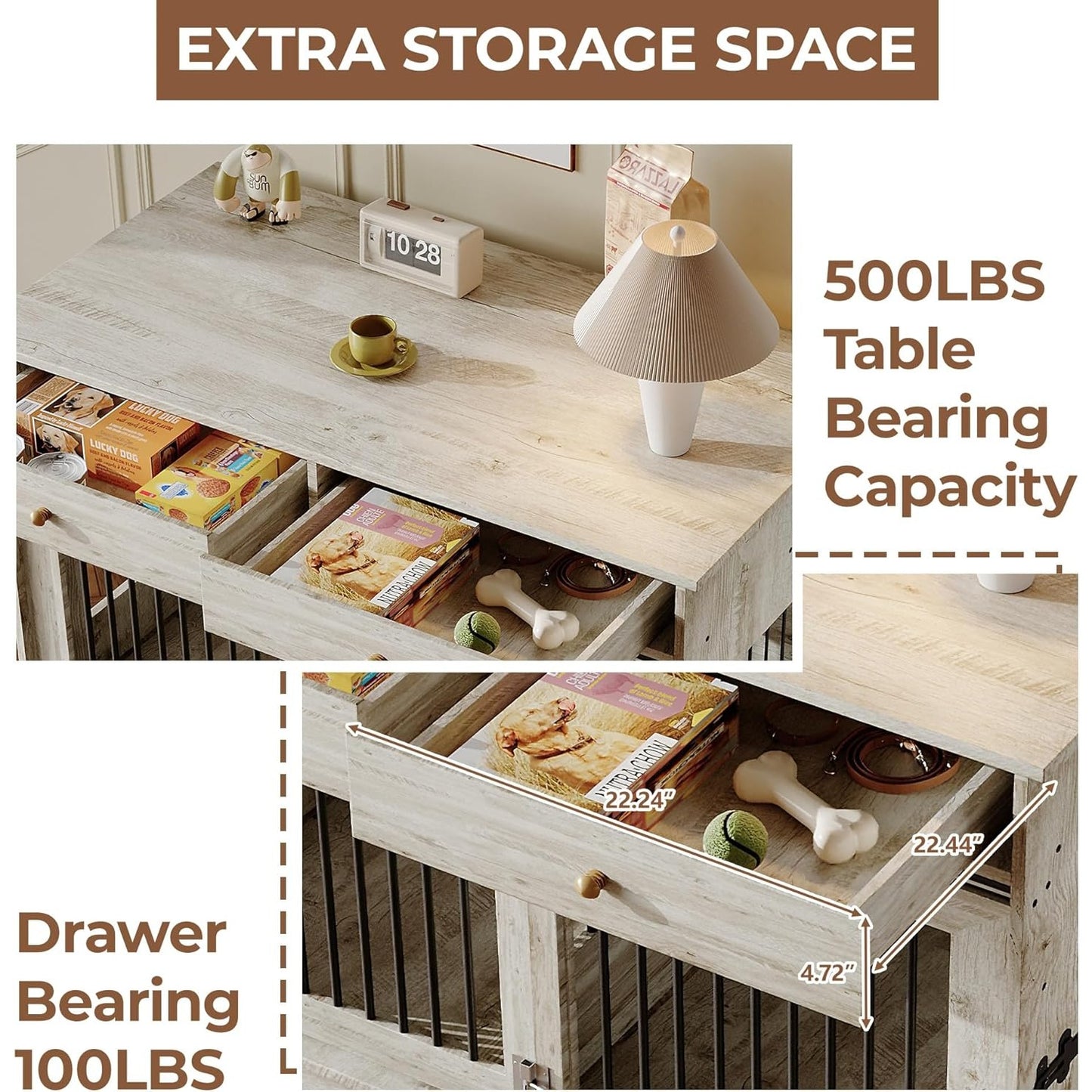 47'' Heavy-Duty Wooden Dog Crate Furniture Kennel with Barn Door & Triple Door Design, 2 Storage Drawers, Removable Divider - Multi-Functional Pet Cage End Table for Large Dogs, Medium Dogs, Small Breeds (Pomeranian, Chihuahu