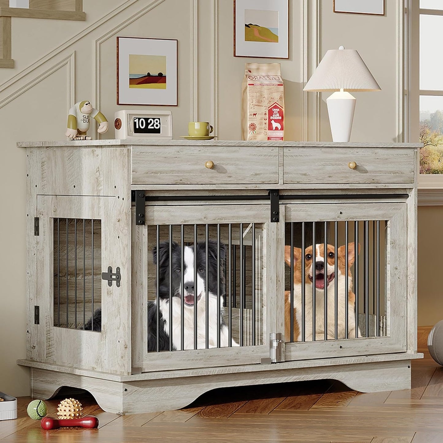 47'' Heavy-Duty Wooden Dog Crate Furniture Kennel with Barn Door & Triple Door Design, 2 Storage Drawers, Removable Divider - Multi-Functional Pet Cage End Table for Large Dogs, Medium Dogs, Small Breeds (Pomeranian, Chihuahu