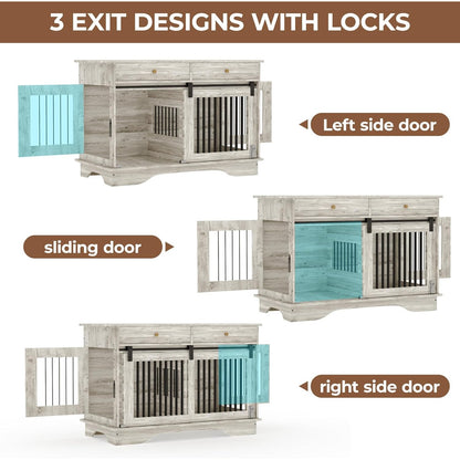 47'' Heavy-Duty Wooden Dog Crate Furniture Kennel with Barn Door & Triple Door Design, 2 Storage Drawers, Removable Divider - Multi-Functional Pet Cage End Table for Large Dogs, Medium Dogs, Small Breeds (Pomeranian, Chihuahu