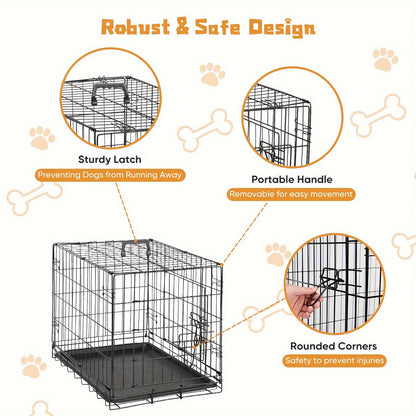 Double Door Folding Metal Wire Dog Crate with Divider Panel - Spacious, Leak-Proof, and Portable Pet Kennel for Indoor, Outdoor, and Travel - Easy Assembly, Durable, and Versatile Pet Cage