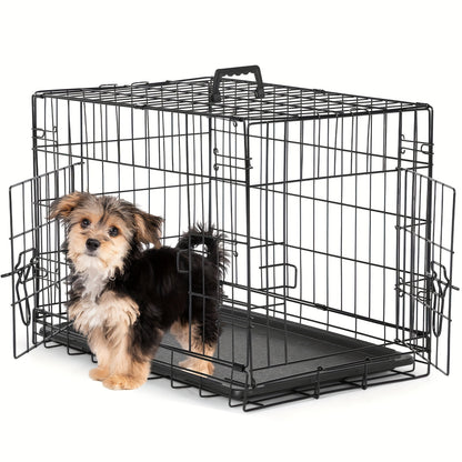 Double-Door Dog Crate: Foldable Black Metal Pet Cage with Divider Panel, Removable Tray and Portable Indoor-Outdoor Handle