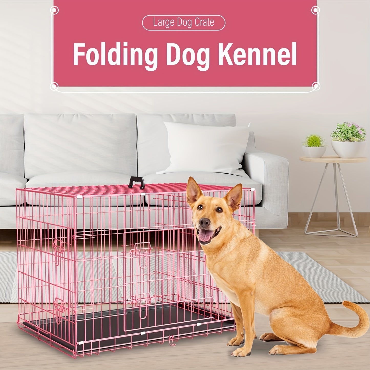 42/48 inch Double Door Folding Metal Dog Crate Dog Cage with Dividers And Leak-Proof Tray Metal Crate for Puppy to Medium to Large Dogs, with Removable Tray Wire Dog Kennel Portable Indoor Outdoor Pet Cage
