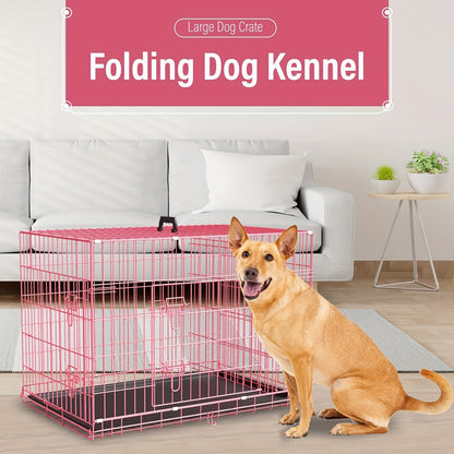 42/48 inch Double Door Folding Metal Dog Crate Dog Cage with Dividers And Leak-Proof Tray Metal Crate for Puppy to Medium to Large Dogs, with Removable Tray Wire Dog Kennel Portable Indoor Outdoor Pet Cage