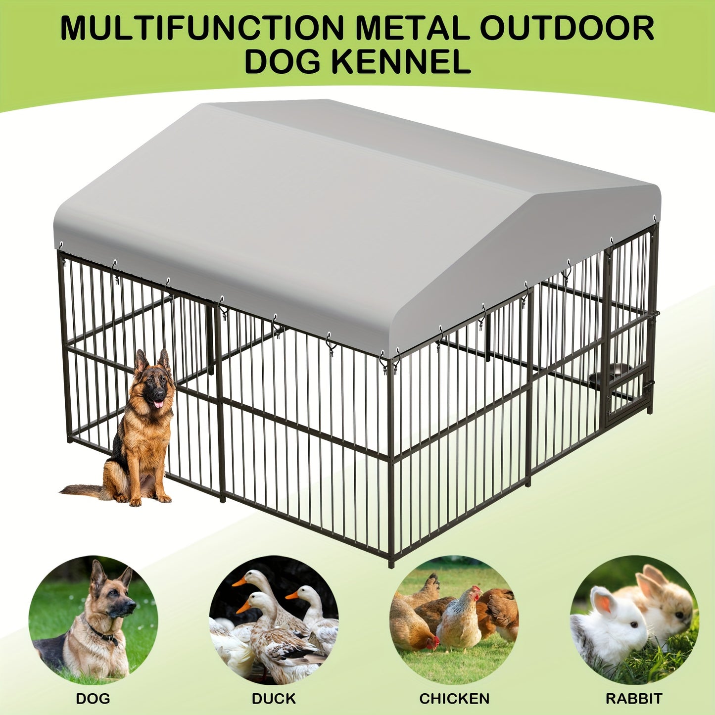 1pc Heavy Duty Metal Dog Kennel 10x10x6FT with Waterproof UV Cover, Safety Locks, and Feeding Bowl - Uncharged Outdoor Pet Cage for Garden and Backyard Use
