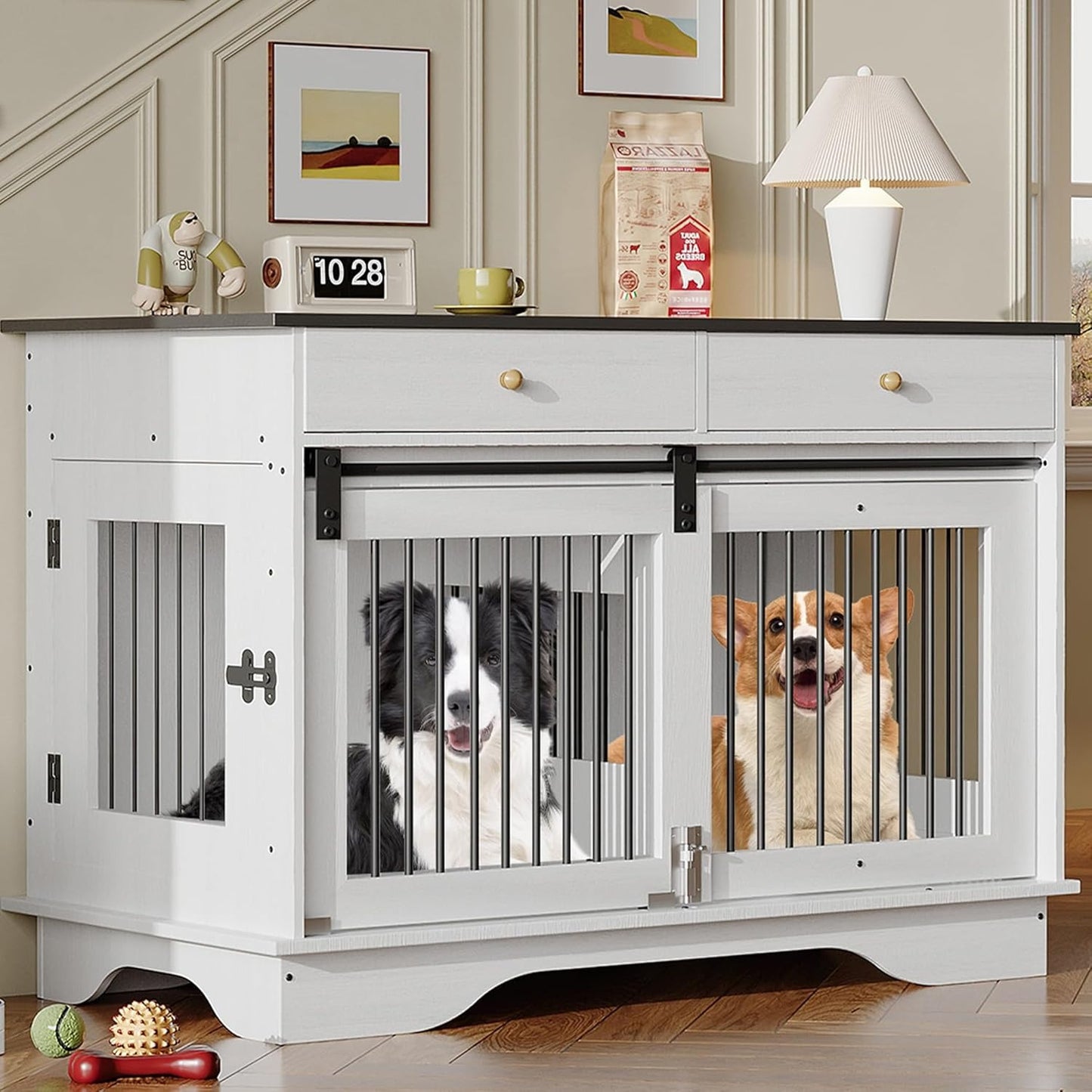 47'' Heavy-Duty Wooden Dog Crate Furniture Kennel with Barn Door & Triple Door Design, 2 Storage Drawers, Removable Divider - Multi-Functional Pet Cage End Table for Large Dogs, Medium Dogs, Small Breeds (Pomeranian, Chihuahu