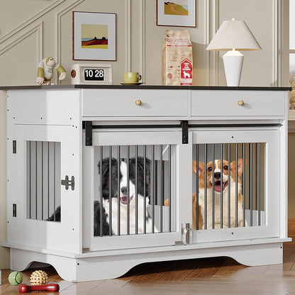 47'' Heavy-Duty Wooden Dog Crate Furniture Kennel with Barn Door & Triple Door Design, 2 Storage Drawers, Removable Divider - Multi-Functional Pet Cage End Table for Large Dogs, Medium Dogs, Small Breeds (Pomeranian, Chihuahu