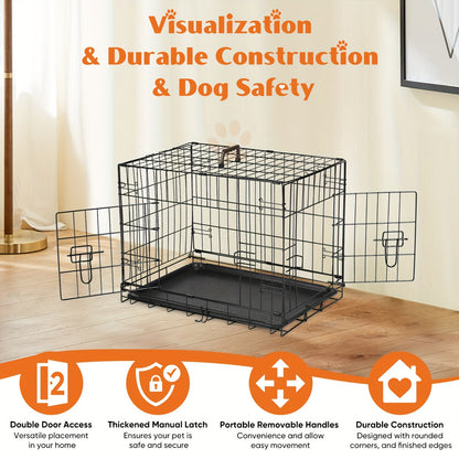 Double-Door Dog Crate: Foldable Black Metal Pet Cage with Divider Panel, Removable Tray and Portable Indoor-Outdoor Handle