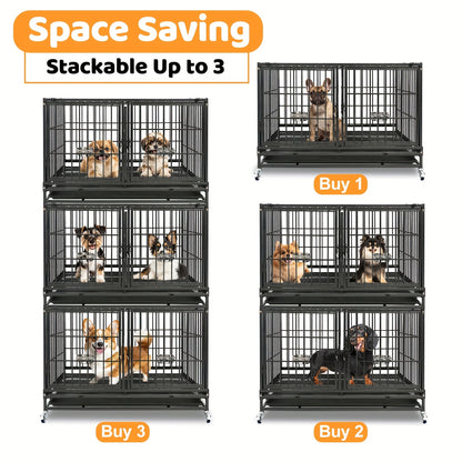 [Escape Proof Dog Crate] Heavy Duty Escape Proof 42 Inch Dog Crate Cage | Stackable Basic Kennel for Small to Medium Dogs with Divider - Indoor Pet Cage