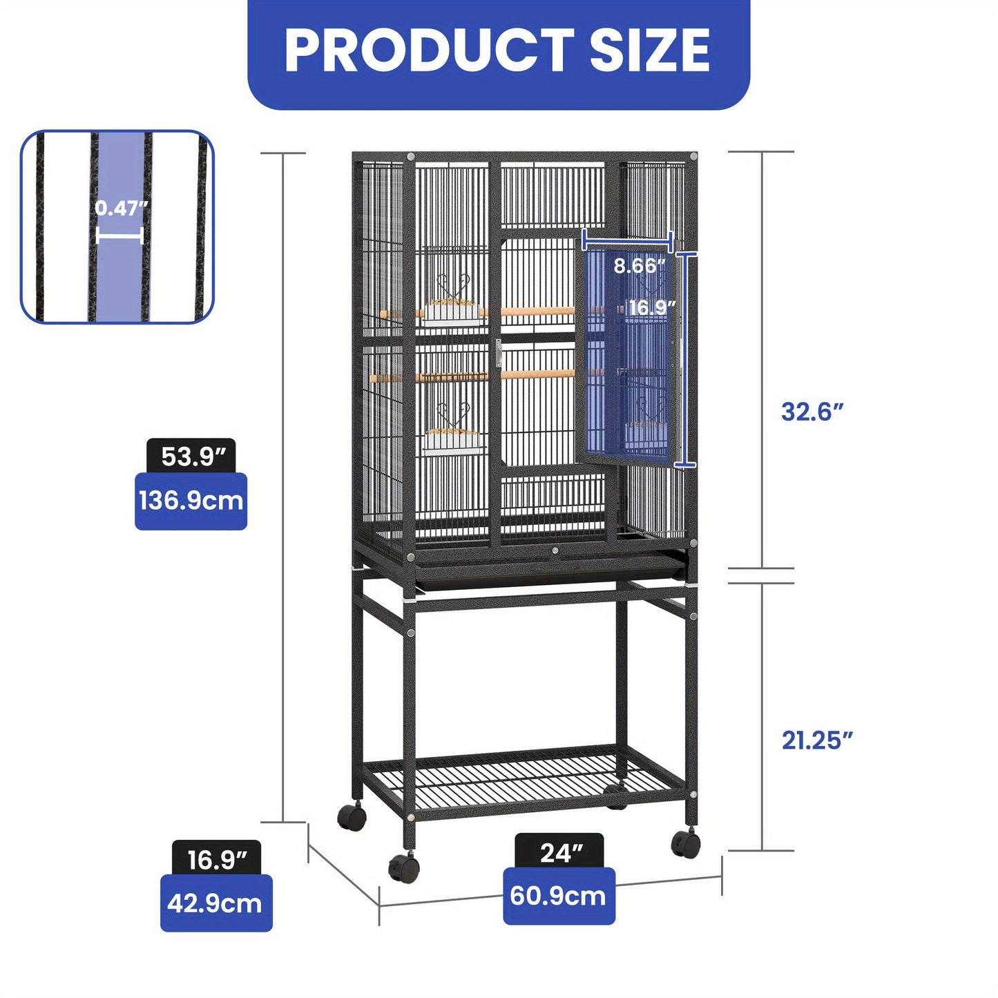 1pc YINTATECH Metal Large Bird Cage for Parrot, Cockatiel, Parakeet, Pigeon - 53" Durable Metal Pet Cage with 4 Feeders, 2 Perches, 2 Safe Door Locks - Suitable for Small and Medium Birds - No Electricity Needed