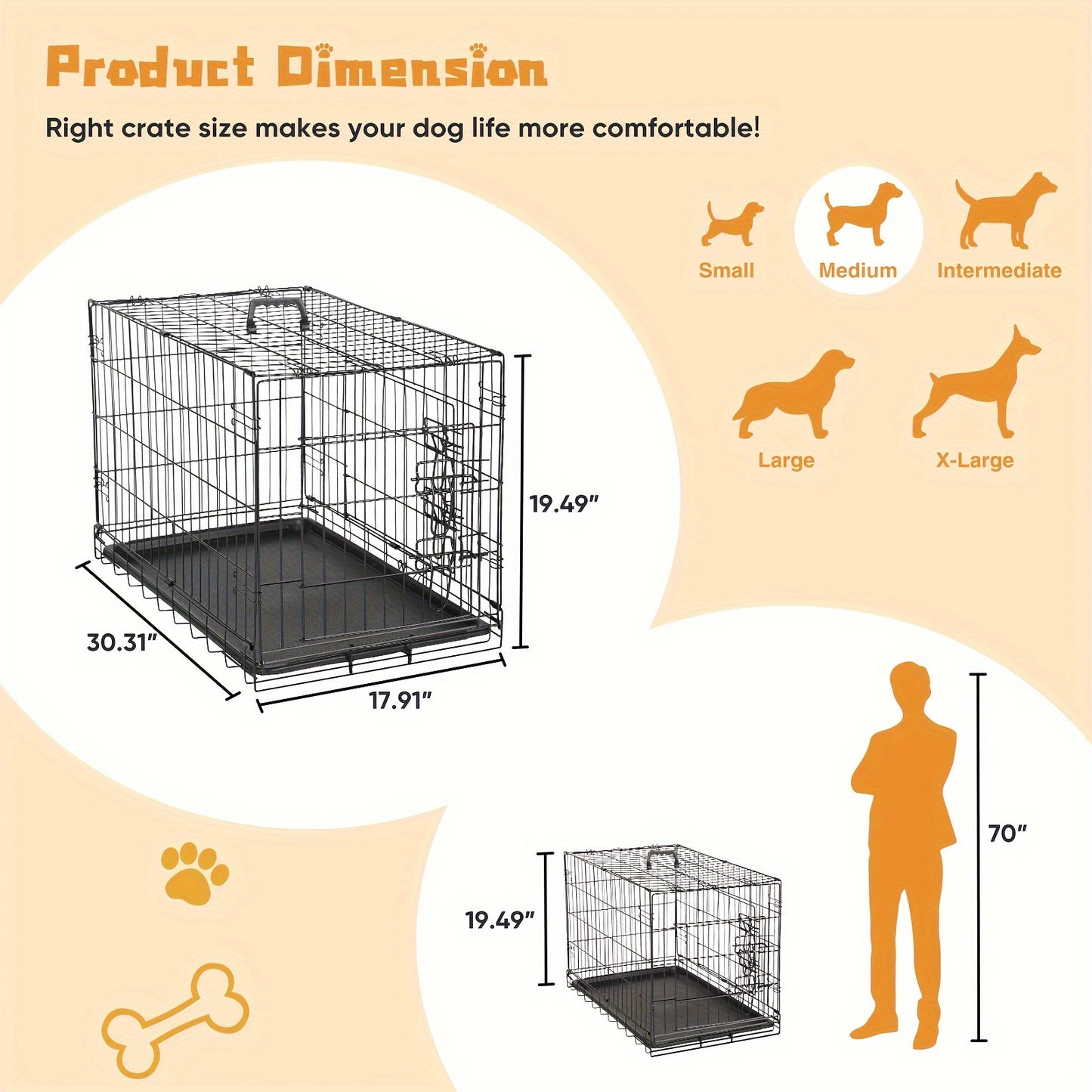 Medium Dog Crate with Double Doors, Foldable Pet Cage with Divider Panel & Removable Tray for Small to Medium Dogs - Secure & Spacious Indoor/Outdoor Crate