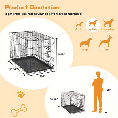 Medium Dog Crate with Double Doors, Foldable Pet Cage with Divider Panel & Removable Tray for Small to Medium Dogs - Secure & Spacious Indoor/Outdoor Crate