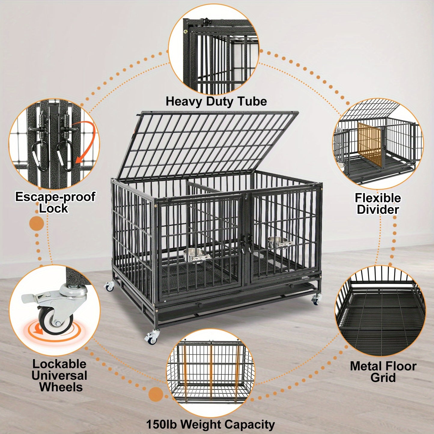 [Escape Proof Dog Crate] Heavy Duty Escape Proof 42 Inch Dog Crate Cage | Stackable Basic Kennel for Small to Medium Dogs with Divider - Indoor Pet Cage